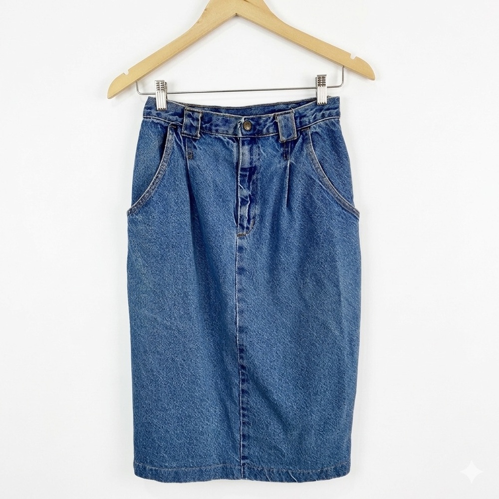 VTG American Profile High Waisted Pleated Denim Skirt Made in USA Size 8